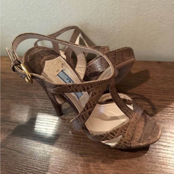Prada Platform Sandals Brown Croc-Embossed Leather Slingback Heels - Picture 12 of 14